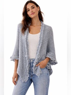 Anthropologie Moth Cardigan Oversized Gray Knit Ruffle Trim Boho Cocoon Sweater